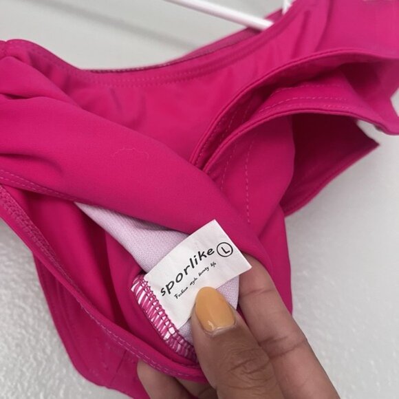 Women's Hot Pink Bikini Top Large Ruffle Sleeve V Cut Swim Water Gold Embellish - Picture 4 of 6